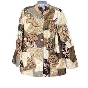 Indigo Moon Jacket Womans Large Tan Floral Animal Embroidered Patch Boho Blazer